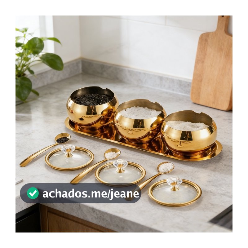 Kit3 Potes Açúcar Condimentos Com Bandeija Aço Inox 304 Esférico Cozinha Luxuoso Moderno Organizador