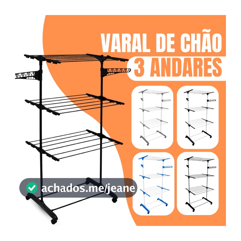 Varal De Chão De Roupas 3 Andares Dobrável Grande 4 Rodas
