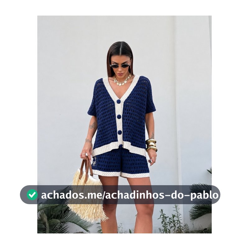 Conjunto Tricot Feminino Crochê Rendado Camisa Max Colete Botões e Short Forrado Verão Moda Confortável Tendência