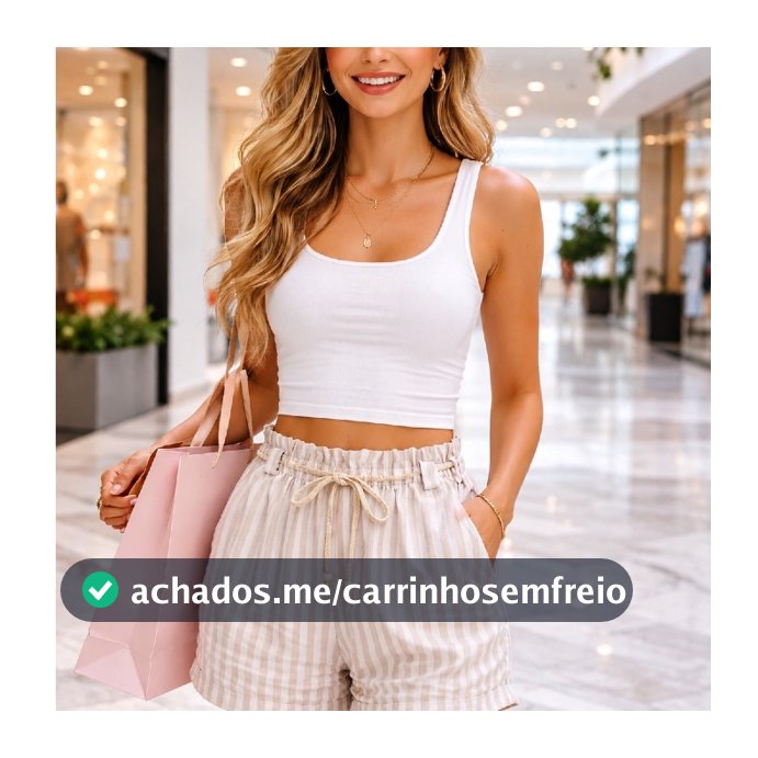 Short Feminino em Linho Listrado Premium Cintura Alta com Elástico e Cordão Confortável Tamanhos P ao GG