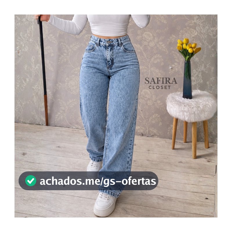 Calça Wide Leg Jeans Feminina Marmorizada Cintura Alta 100% Algodão Premium