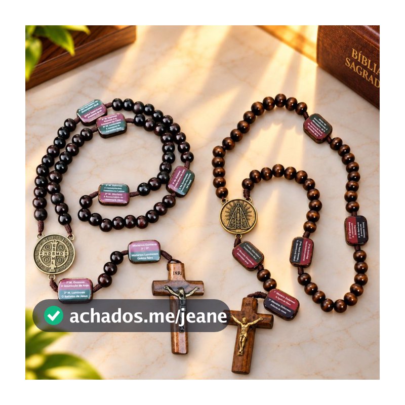 Terço Original Católico Com os Misterios da Contemplação de Madeira Com medalha e Crucifixo