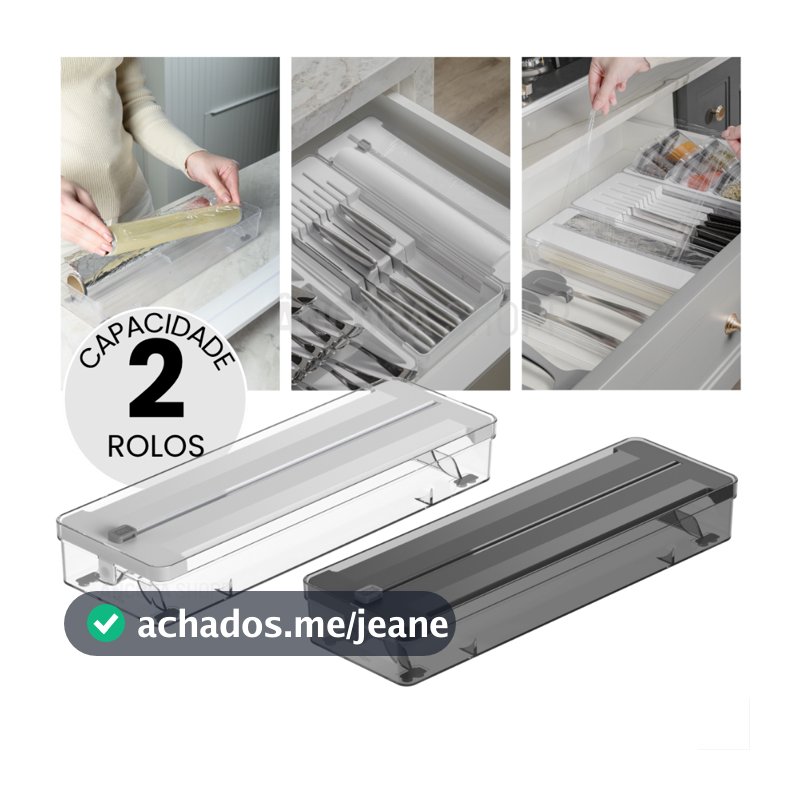 Organizador de Rolos Duplo e Cortador de Plástico Filme Papel Alumínio Manteiga Ou 37cm x 12cm