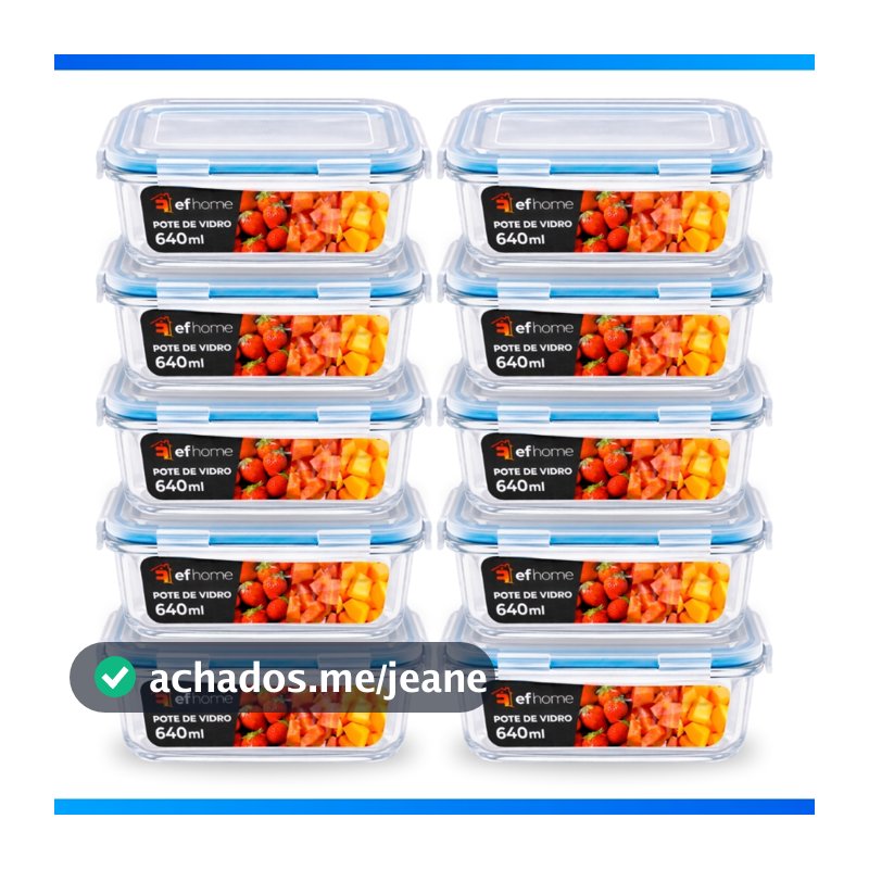 Kit 10 OU 5 Pote de Vidro Hermético Retangular 4 Travas Marmita Fit Microondas Mantimentos - FULL!