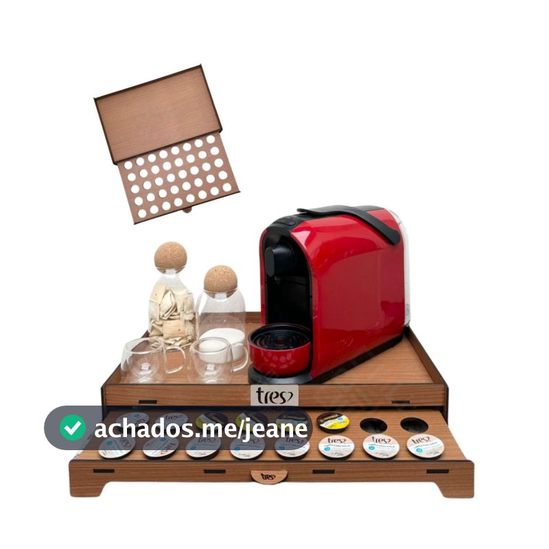 Bandeja Três Corações Gaveta Embutida Capsula Apoio Cafeteira para Servir Organizar Cantinho do Cafe