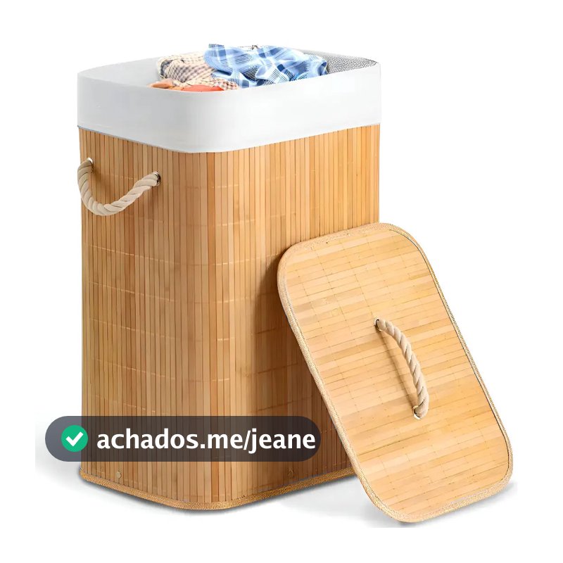 Cesto De Roupa Bambu 50 Litros Dobrável Tampa Alças Grande Organizador Lavanderia Banheiro Shokki