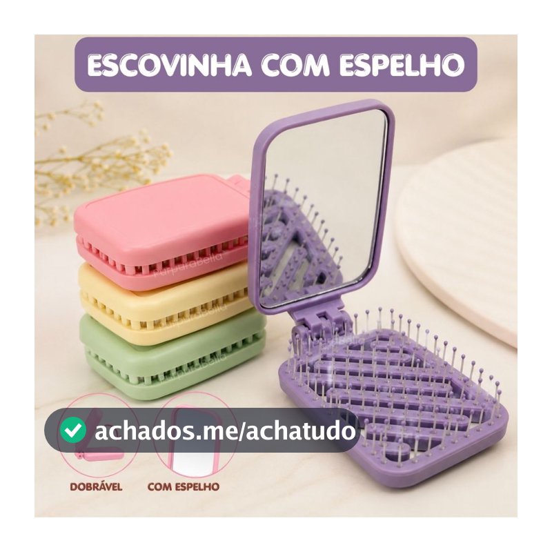 Escova com Espelho Portátil Dobrável Mini Escovinha Mágica Bolsa Viagem Retangular Espelhinho de Mão