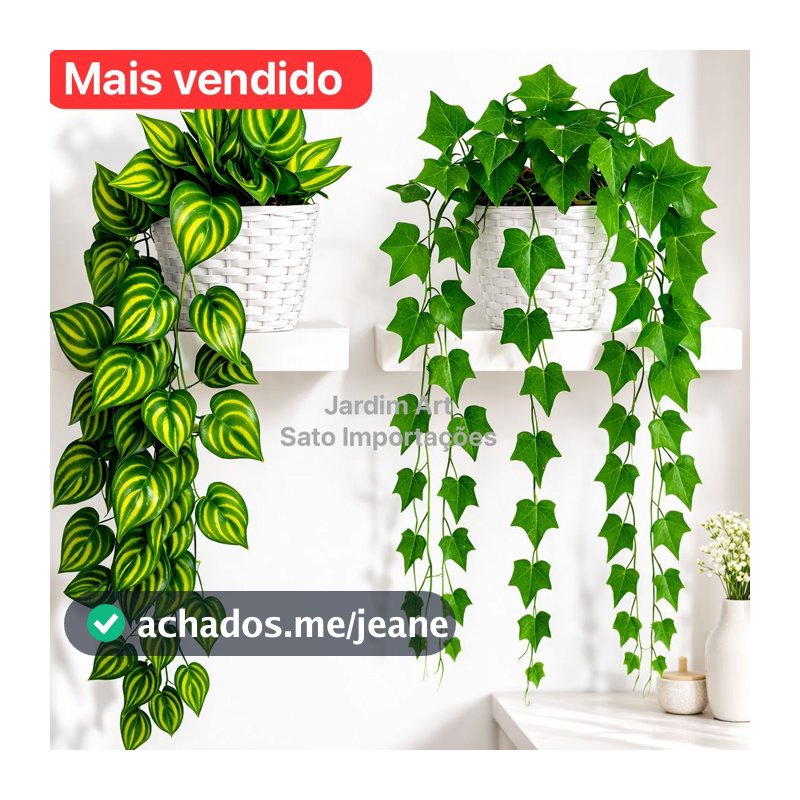 Arranjo Completo 1 Vaso Vime Trançado BRANCO + 1 Pendente Planta Pendurada Hera Ivy Verde PT11BRANCO