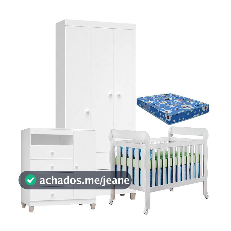 Quarto de Bebê 3 Portas Ternura Baby com Berço Lila Branco Brilho com Colchão para Berço Americano - Incorplac