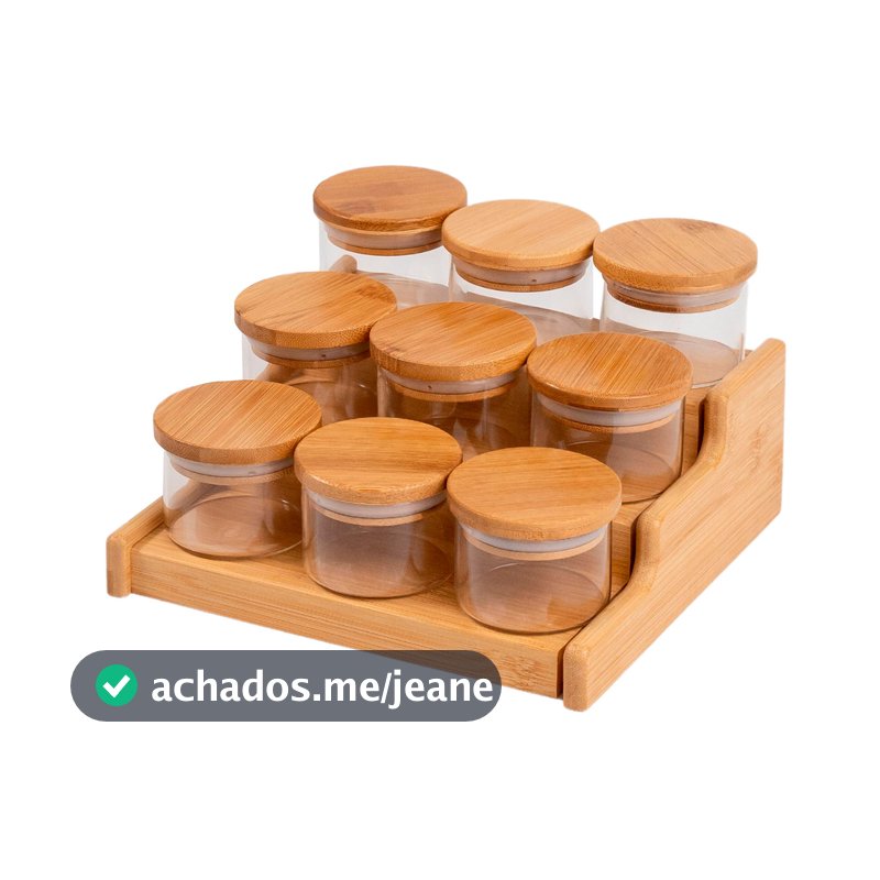 Kit 9 Potes Hermético 110ml com Tampa de Bambu E Rack Organizador de Bambu - Oikos
