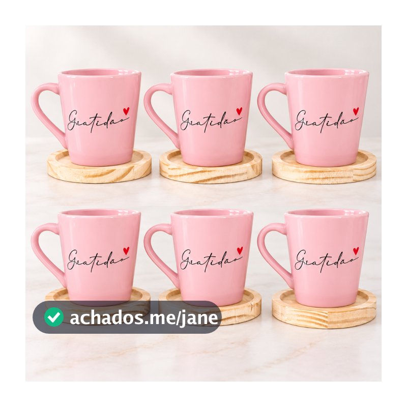 Kit 6 Xicaras / Canecas Porcelana Rosa 120ml C/ Pires De Madeira Redondo Gratidão Spot