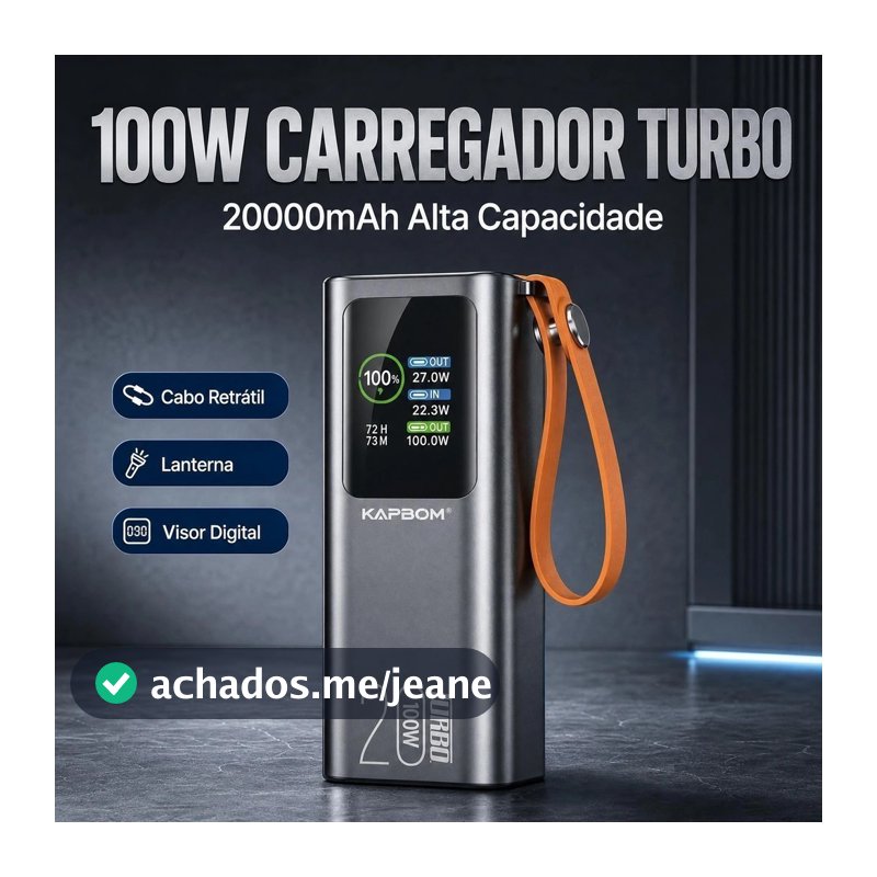 Power Bank 20000mAh 100W Turbo Carregador Portátil Cabo Retrátil Lanterna LED Visor Com ANATEL