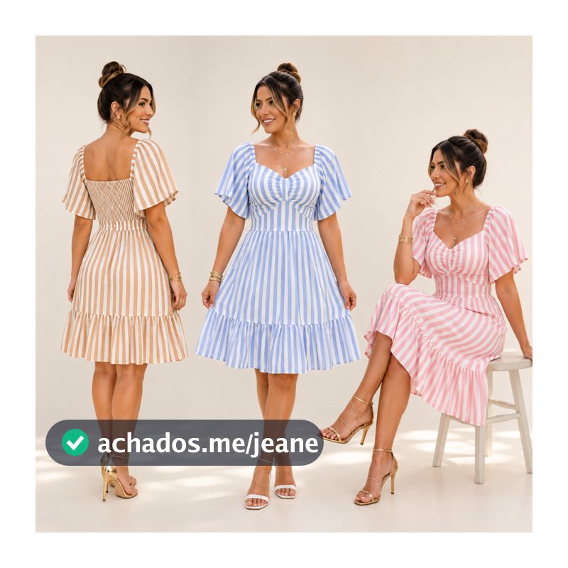 Vestido Feminino Listrado em Viscolinho Forrado e Decote em V Moda Verão Casual Premium