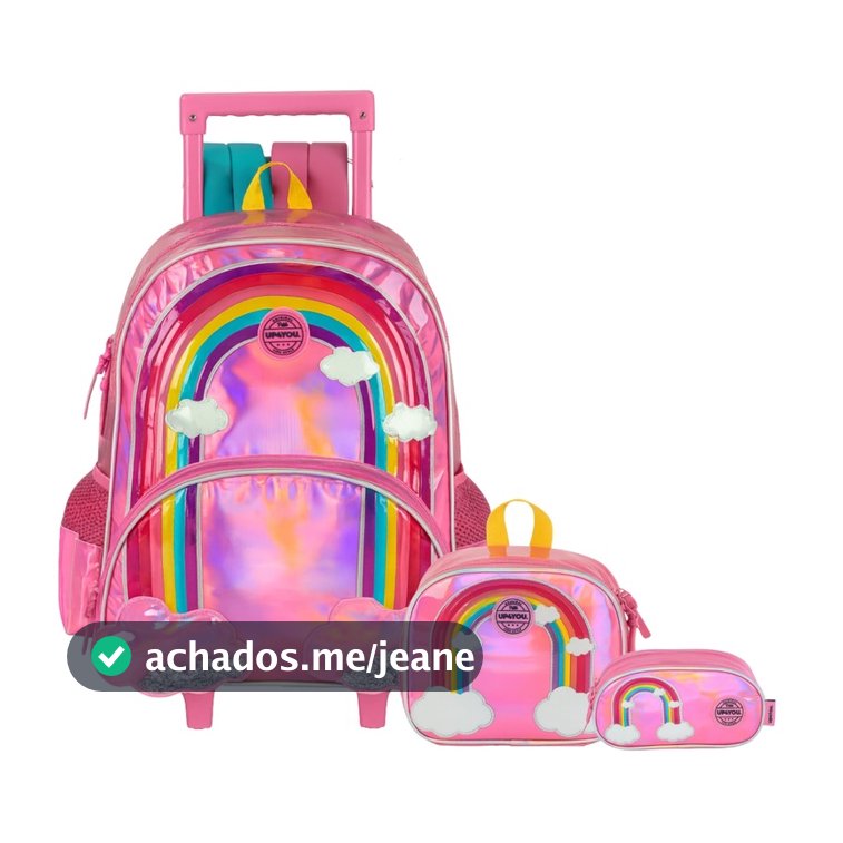 Kit Conjunto Escolar Infantil UP4YOU Arco Íris Mochila Rodas e Costas + Lancheira + Estojo Triplo