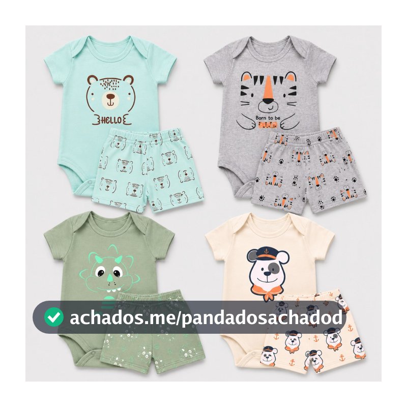 Kit 2 Conjuntos Body Bebê Menino Fofo + Short Tapa Fralda Estampas Sortidas RN ao GG Enxoval, maternidade