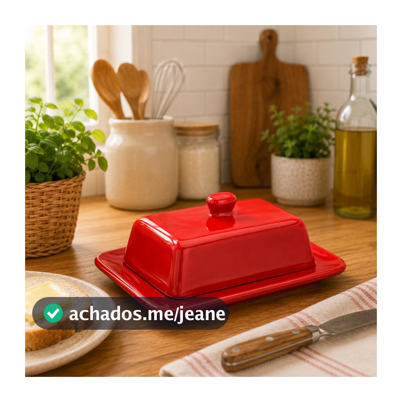 Manteigueira Retangular Com Tampa Vermelha Decoração Cozinha Cerâmica