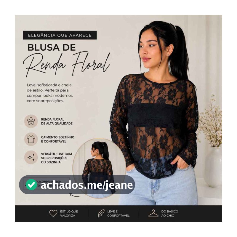 Blusa Renda Floral Manga Longa Preta Transparente