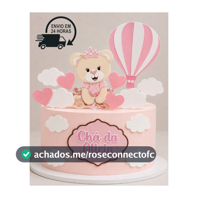 Topo de Bolo Ursinha Rosa Chá de Bebê Personalizado com Nome