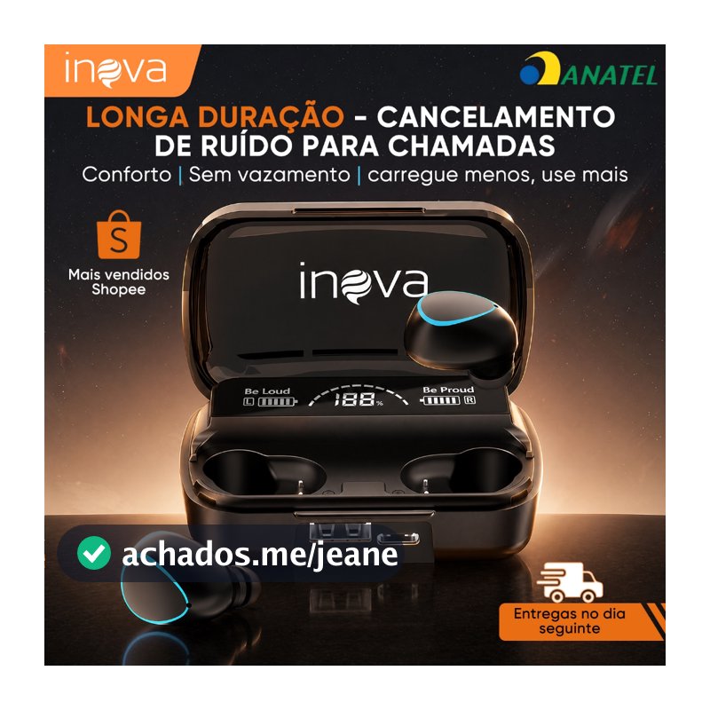 INOVA Fone Bluetooth 5.4 Baixa Latência 50h Bateria ENC Driver 13mm Áudio Premium Ergonômico