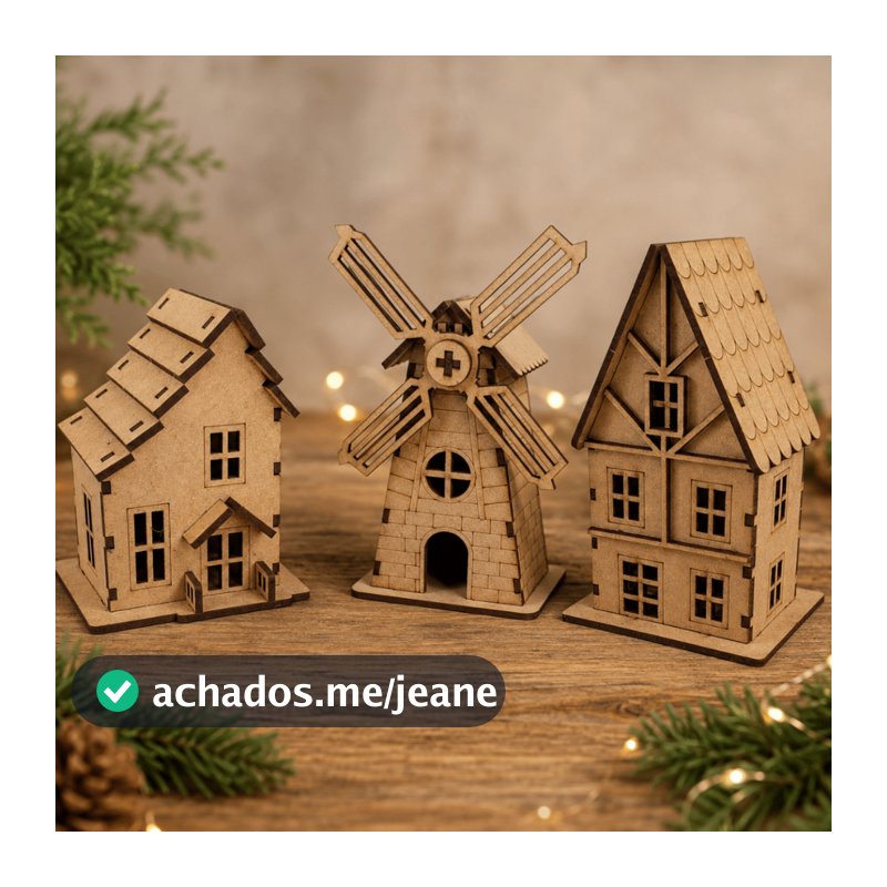 Kit 3 Casinha Em MDF Casa De Vila Com Moinho Decorativo Rústico Para Maquete Enfeite De Natal