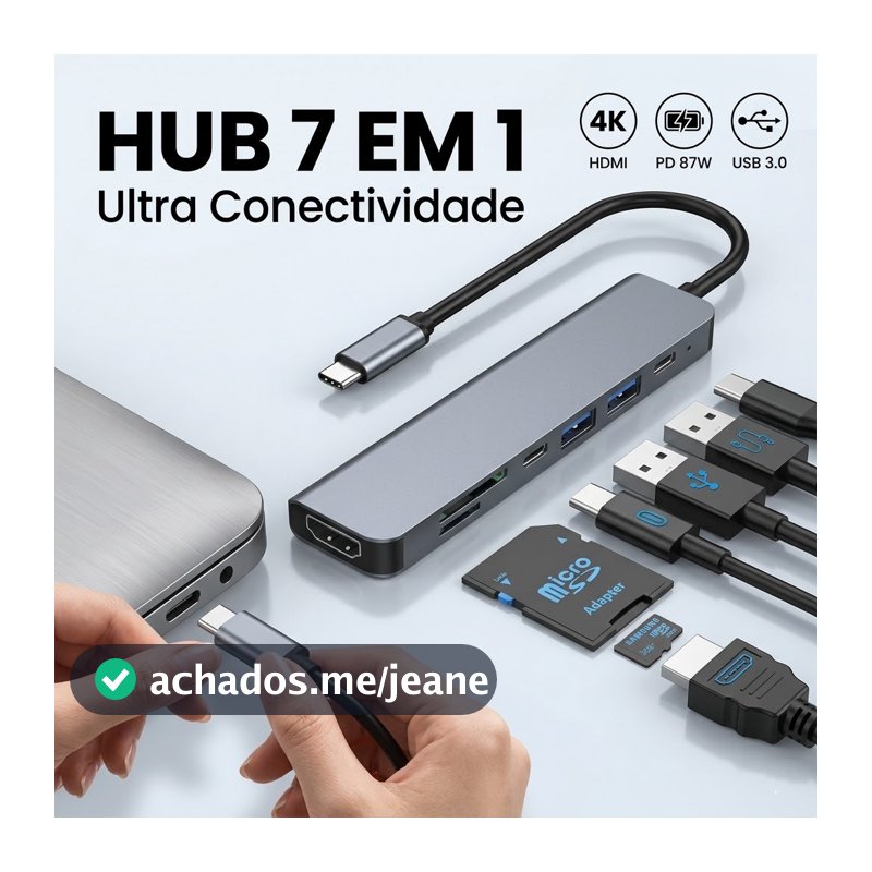 Hub USB-C 7 em 1, adaptador HDMI 4K, adaptador Tipo C para laptops e celulares, cabo extensor de carregamento PD de 87 W