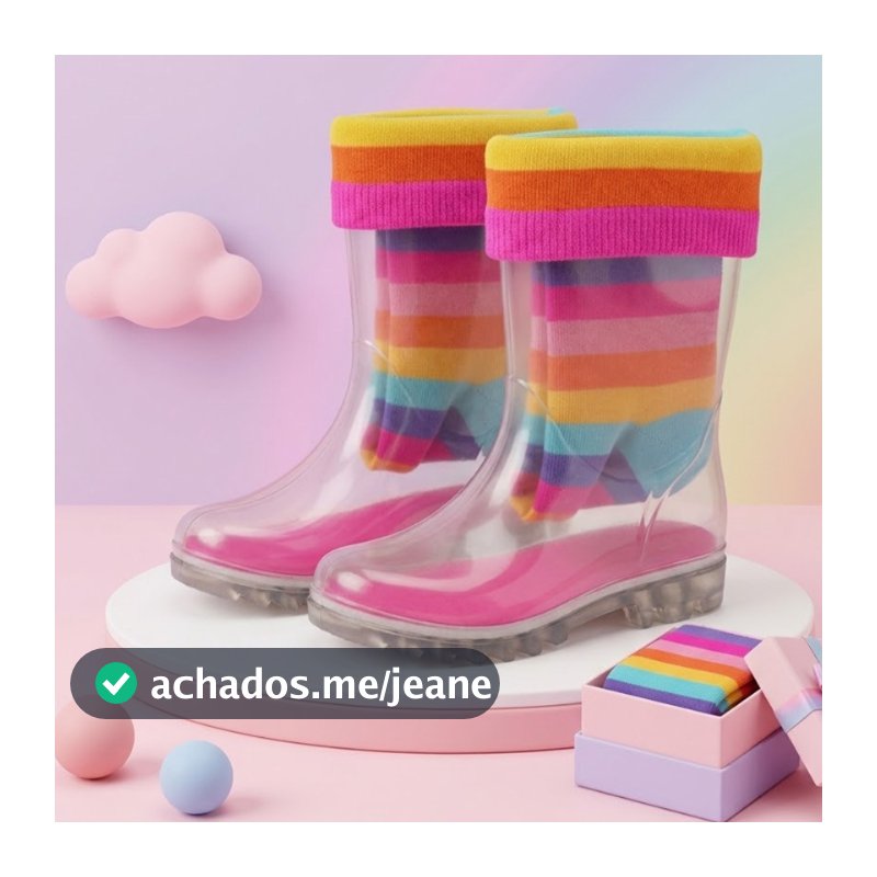 Kit Galocha Infantil Menina Cano Alto+Meia Colorida Arco Iris