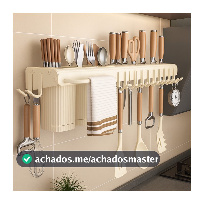 Porta Facas Prateleira Rack para Cozinha de Parede 50cm com Ganchos Toalheiro Organizador Facil de Limpar