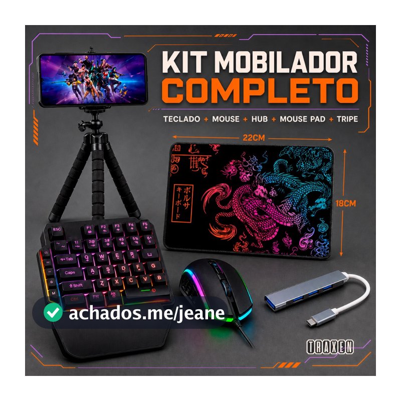 Kit Mobilador One Hand Gamer Completo Para Celular Com Teclado + Mouse Gamer Led RGB