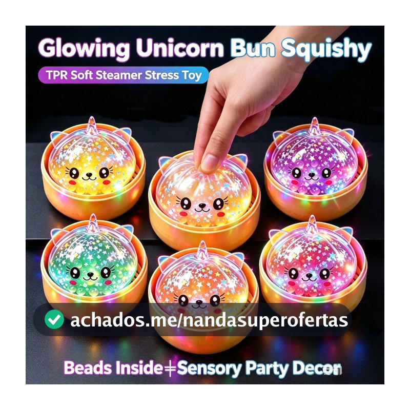 LED Glitter Estrela Grânulo Unicórnio Bun Brinquedo Mole Completo Com Simulação Cesta De Vapor Bonito Brilhante Decoraçã