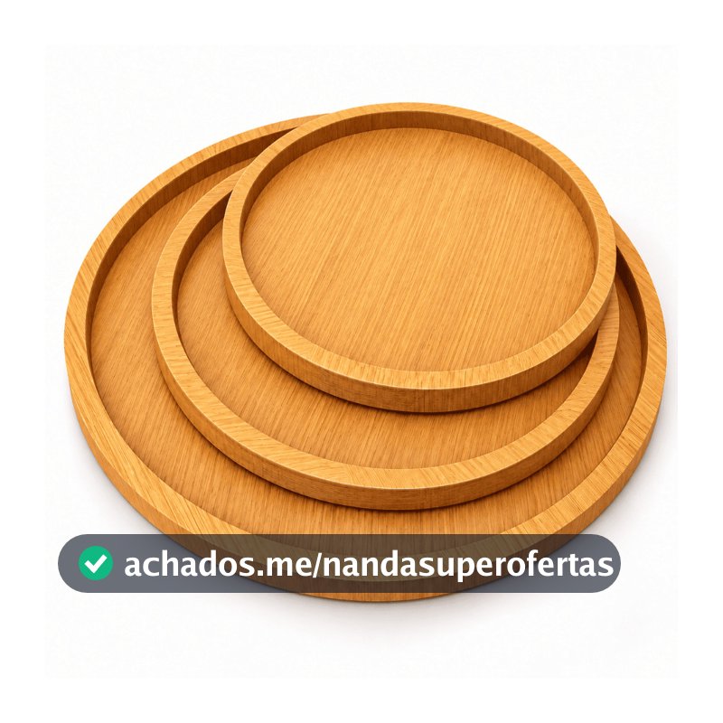 Kit 3 Bandejas Redondas MDF Amadeiradas 29,5cm 23,5cm e 19,5cm Decorativas Organizador Perfumes