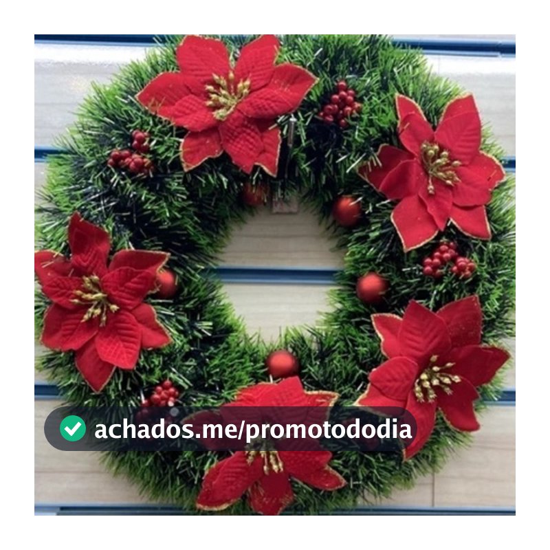 Guirlanda Natalina 38Cm De Natal Decorativa Para Porta Com Flores Vermelhas Douradas Decoração