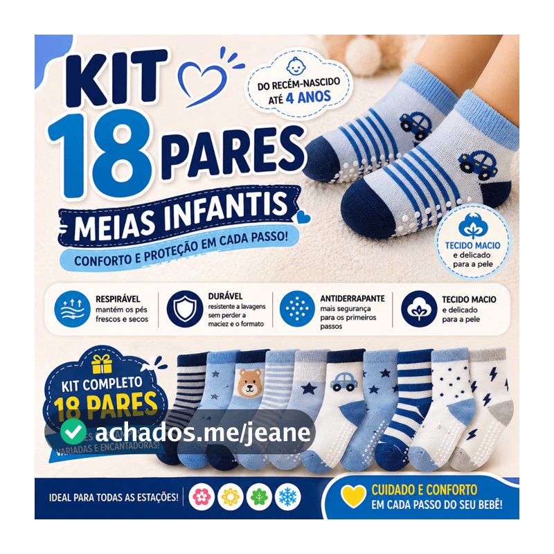 Kit até 18 Pares Meias Bebê Menino Antiderrapantes Algodão Confortáveis 0–24 Meses Recém Nascido