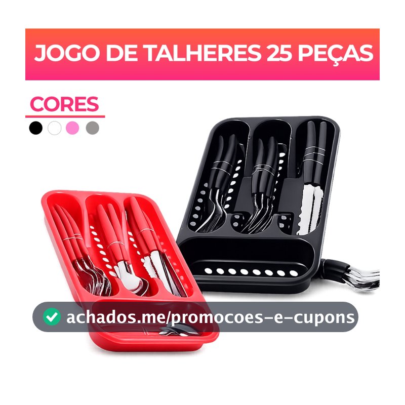 Jogo De Talheres inox Faqueiro Porta Talher Com 25 Peças Preto Branco E Rosa