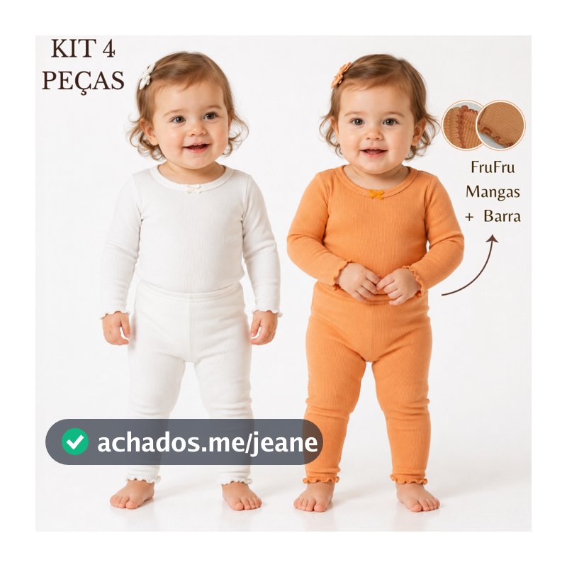 Kit 4 Peças 2 Conjuntos Body Bebê Menina Manga Longa Calça FruFru Laço Ribana Canelada Inverno