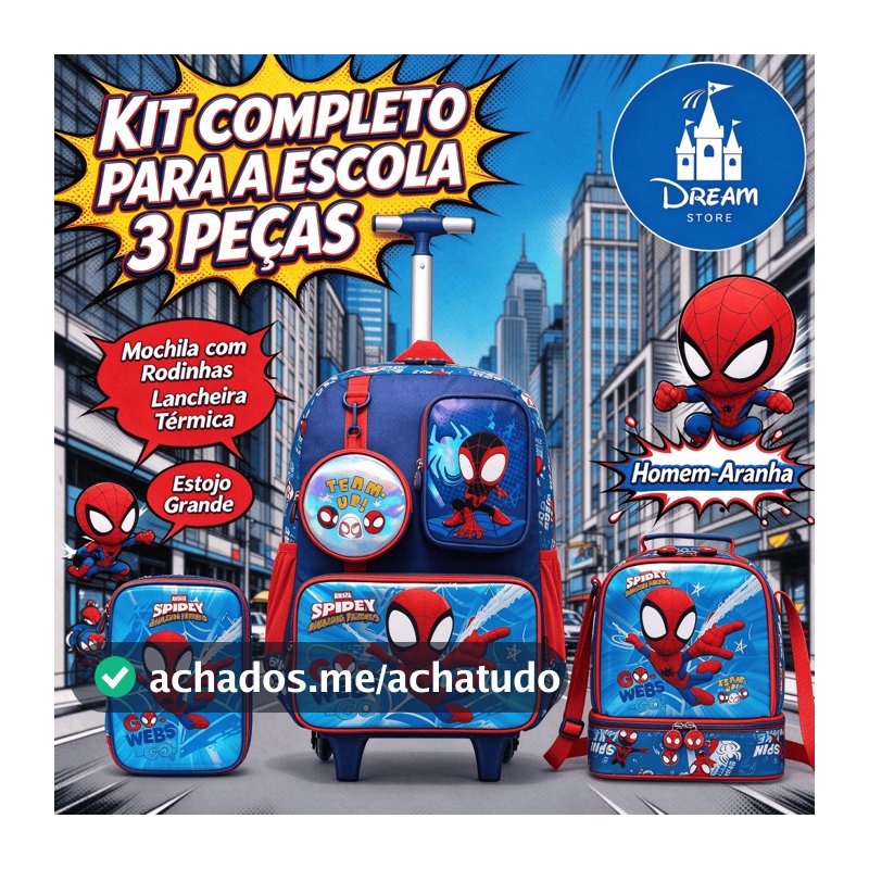 Kit Spidey Mochila Rodinha Lancheira Estojo Escolar Infantil Masculino Marvel