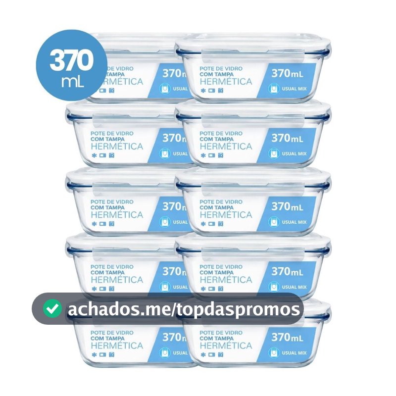 Kit 10 Pote Vidro Hermético Marmita 370ml Micro-ondas Freezer Forno Organização Geladeira
