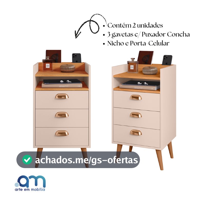 Kit 2 Gaveteiros Heloísa 3 Gavetas com Nicho com puxadores concha – Mesa de Cabeceira Mini Cômoda Organizador P/ Quarto
