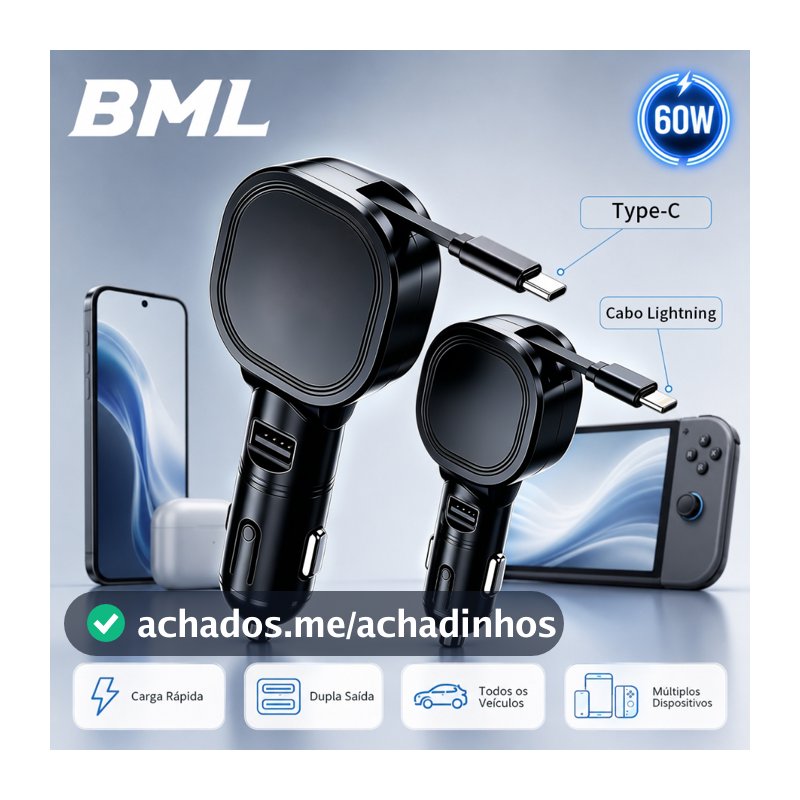Carregador Veicular 60W Carregador de carro USB-C PD +TYPE-C 2 Portas Carregamento Rápido Carro para iPhone Samsung