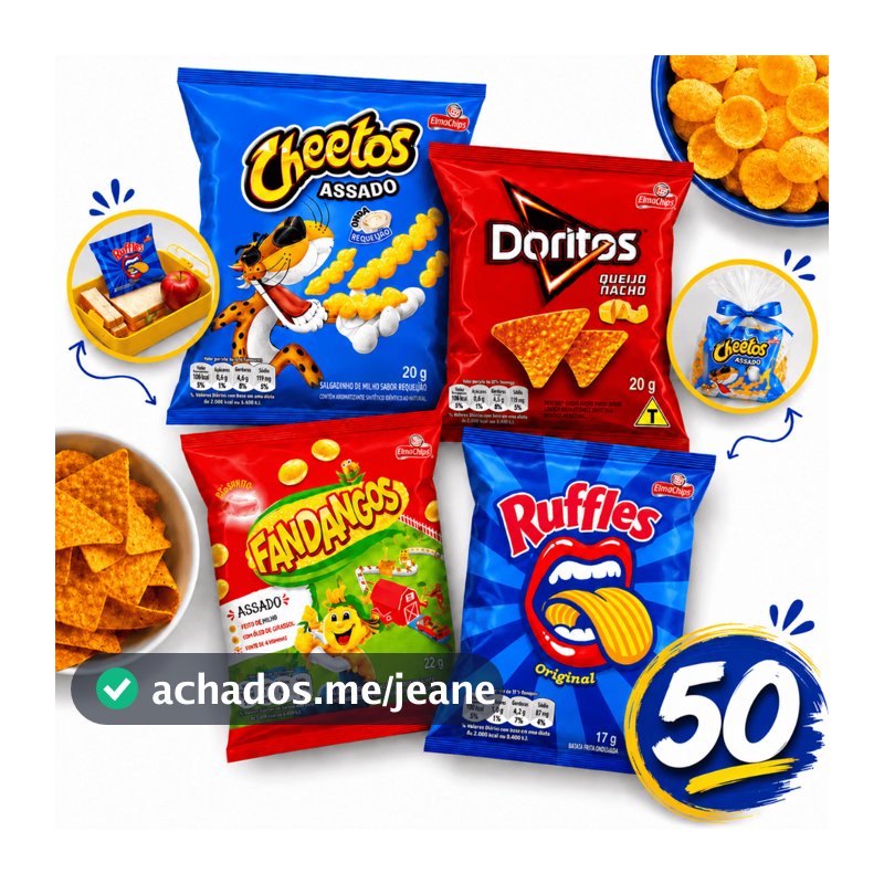 Kit 50 Salgadinhos Sortidos Elma Chips Doritos Cheetos Ruffles Fandangos Festa Lanche Lembrancinha Presente
