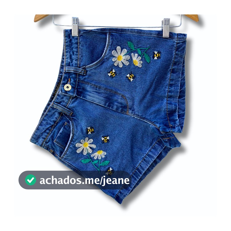 Short jeans feminino cintura alta bordado casual conforto e estilo da moda de abelha, bermuda