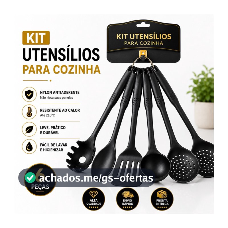 Kit Utensílios de Cozinha 6 Peças Nylon Antiaderente Espátula Concha Colheres Escumadeira Pegador
