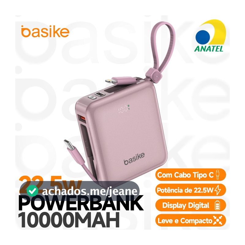 BASIKE Power Bank 10000mAh Mini PD 22.5W Carregamento Rápido Duplo com 2 Cabos Integrados