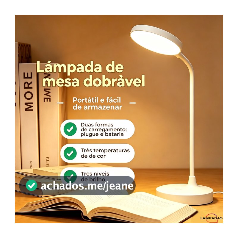 Luminária De Mesa 360° Regulável Proteção Ocular Para Estudo E Leitura Lâmpada Cabeceira Removível Emergência Sem Fio