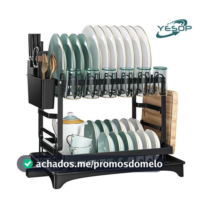 YESOP Escorredor de Louça Organizador de Pia Rack de Cozinha Duplo Aço Carbono Com Porta Talheres