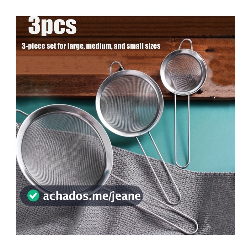 Kit 3 Peças Peneira Coador Em Aço Inox Para Cozinha - 3 Tamanhos P M G 8/10/12 cm
