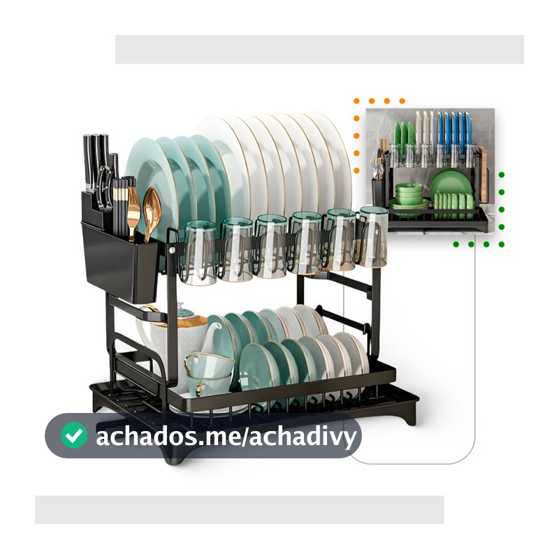 Escorredor de Louça 2 andares Duplo Metal Preto com Bandeja Coletora Agua Organizador Ajustável Pratos Talheres