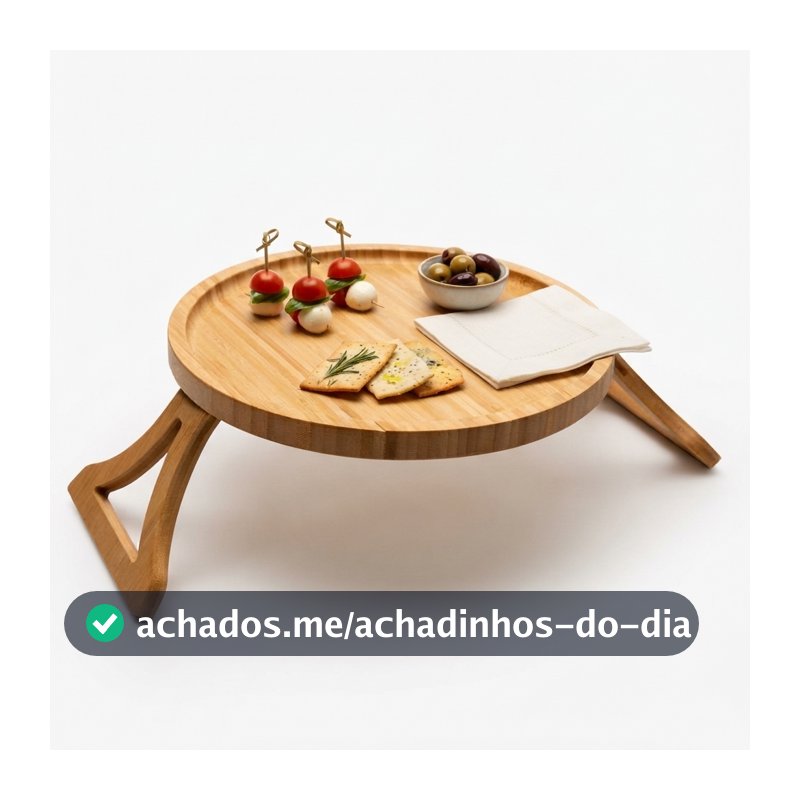 Bandeja Lyor de Bambu Dobrável para Braço de Sofá 25cm Suporte Flexível para Copos e Pratos na Sala Prática e Resistente