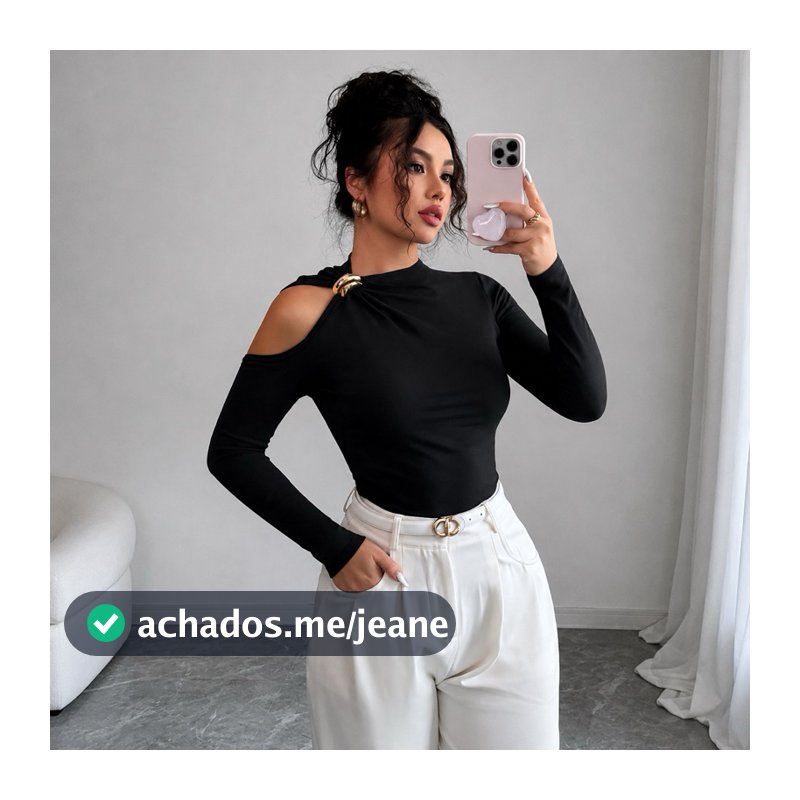 Blusa Feminina Ombro Vazado Manga Longa Com Fivela Dourada Blusa Feminina Elegante Inverno