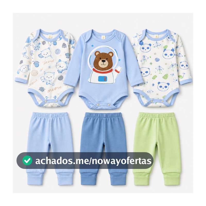 Kit 6 Peças Bebê Menino 3 Body Manga Longa + 3 Calças Algodão Macio Confortável RN ao G
