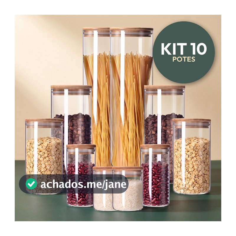 Kit Potes de Vidro Herméticos Tampa Bambu para Mantimentos Grãos Café Resistente Zelvi - Jogos 5, 9 ou 11 Potes
